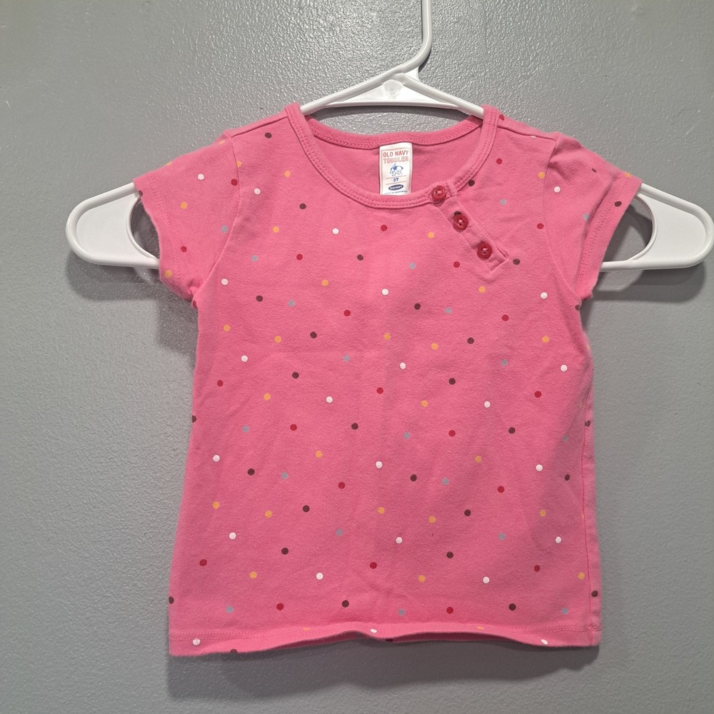 VTG Old‎ Navy Toddler 3T Girls Pink Polka Dot Short Sleeve Henley T-Shirt 2004
